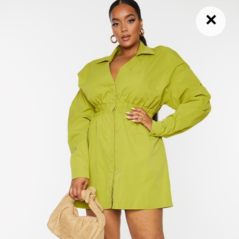 Olive Ruched Waist Shirt Dress